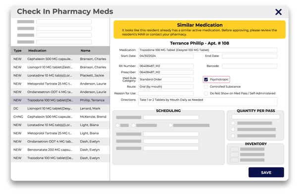 ECP Assisted Living Software Check in Pharmacy Meds